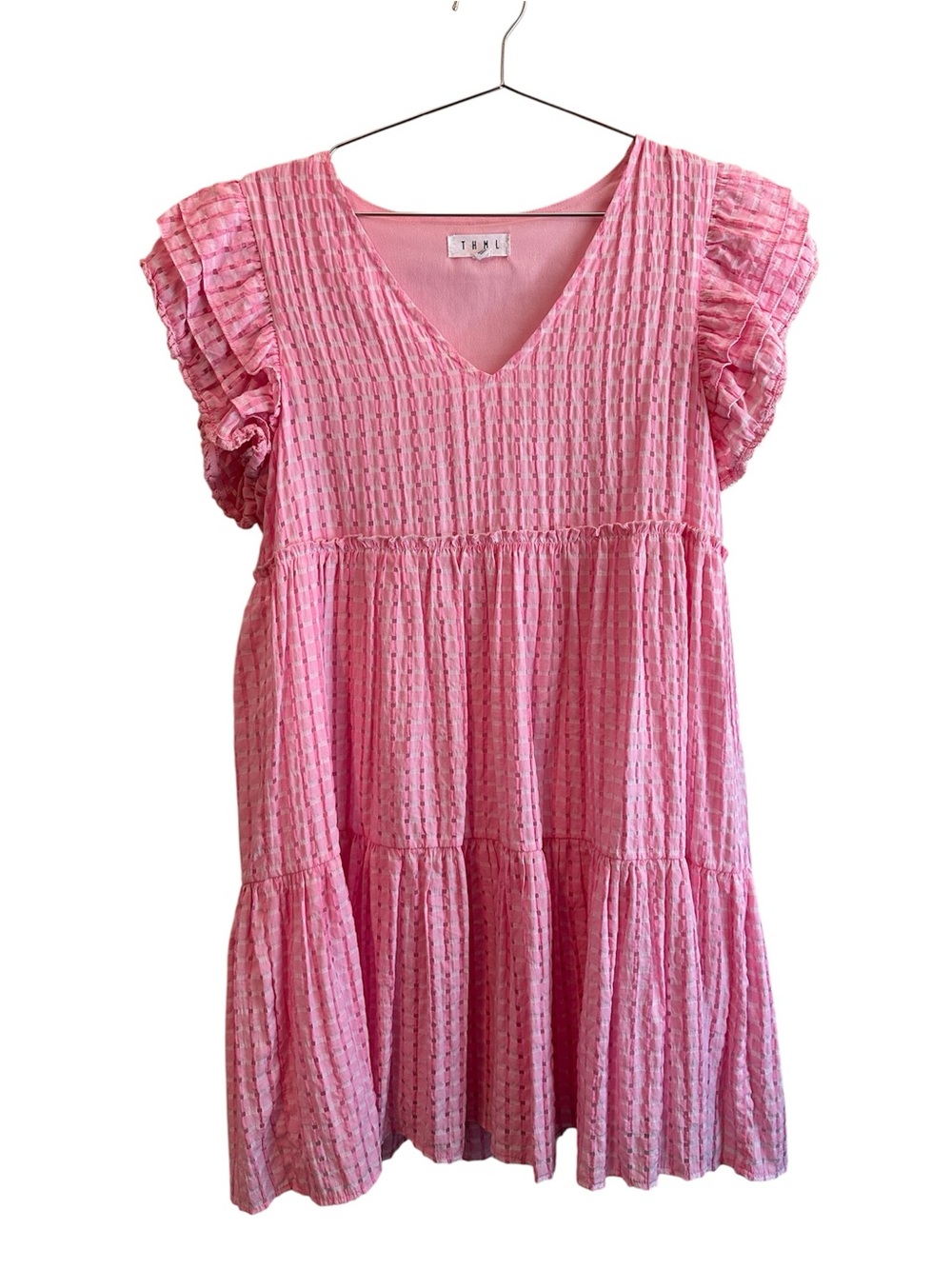 THML Pink Tiered V-Neck Mini Dress with Ruffle Sleeves